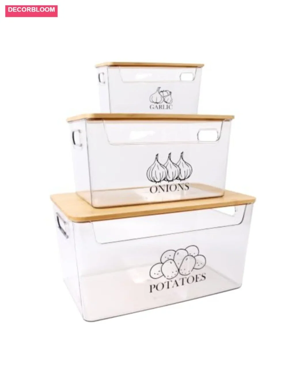 Clear Acrylic Food Storage Bins with Bamboo Lids, Set of 3 for Potato Onion